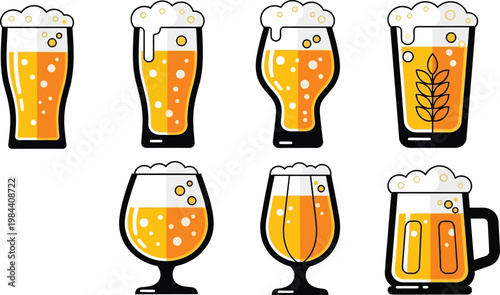 Different Styles of Beer Glasses Filled with Golden Beer and Foam (16