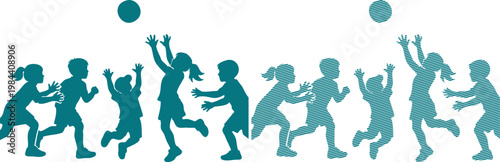 Children playing catch with balls in teal silhouette