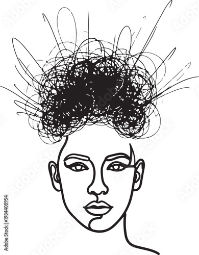 Mental Health Concept Line Art Woman with Chaotic Scribble Hair