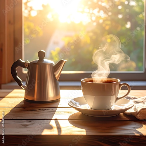 A serene morning scene with a steaming cup of coffee