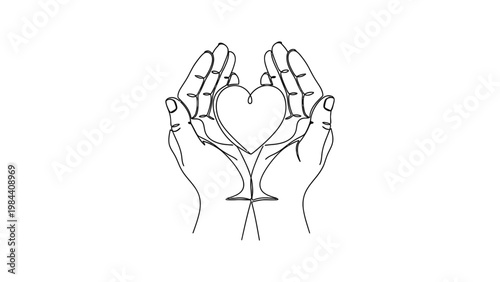 Hands forming a heart shape with love and care. Continuous line style. Hand drawn. Line art. Vector design. illustration