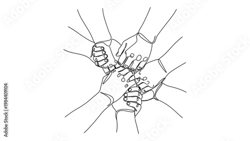 Diverse group of people joining hands together. Continuous line style. Hand drawn. Line art. Vector design. illustration