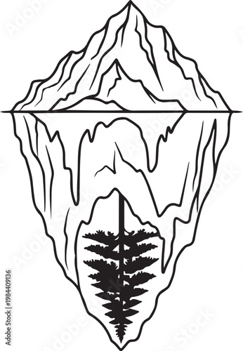 Iceberg Mountain and Pine Tree Line Art Illustration