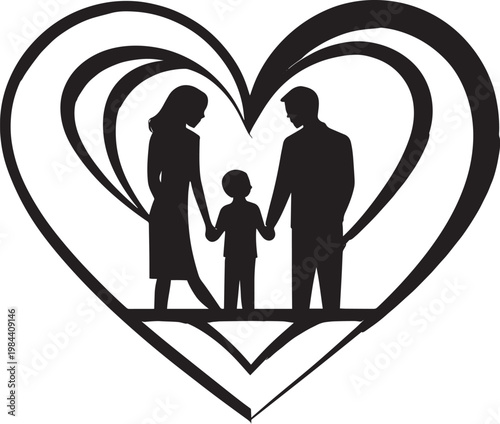 Silhouette of a family symbolizing love and unity, enclosed within a heart, representing the bond and harmony of the family.