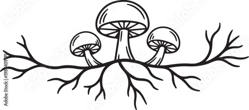 Mushroom Line Art Illustration with Roots Hand Drawn Doodle