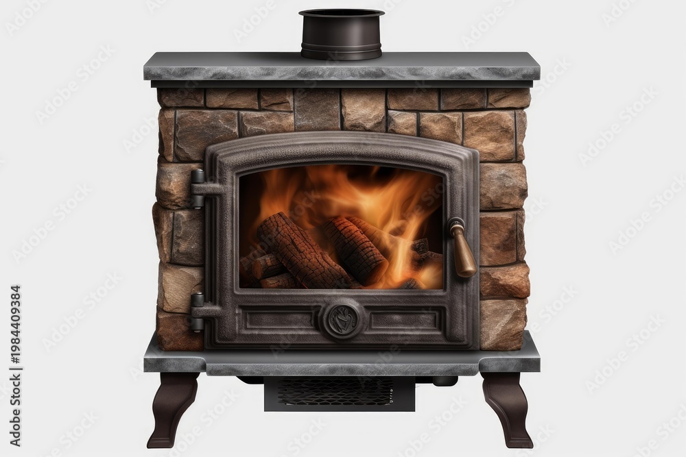 Obraz premium Stone and cast iron wood stove burning logs, providing cozy heating