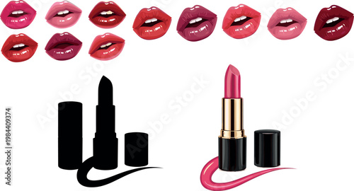 Lipstick and lips collection with glossy makeup shades kiss expressions and cosmetic products vector illustration set