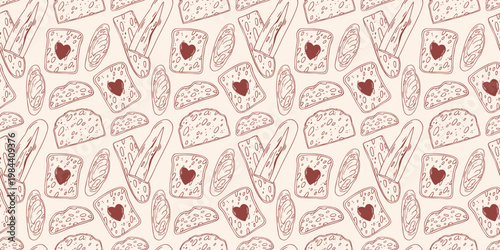 Seamless pattern with set of various sliced bread, baguette, toast with chocolate heart, bruschetta with butter, brown outline doodle flat retro style. Minimalist hand drawn vector isolated on beige