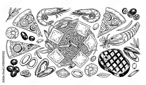 A black and white vector illustration of various seafood and pizza toppings