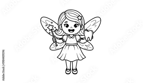A cute cartoon fairy girl holding a star wand and tooth