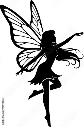 Elegant fairy silhouette with detailed butterfly wings and long hair reaching out in flight, black vector art logo design, isolated on white background See Less
