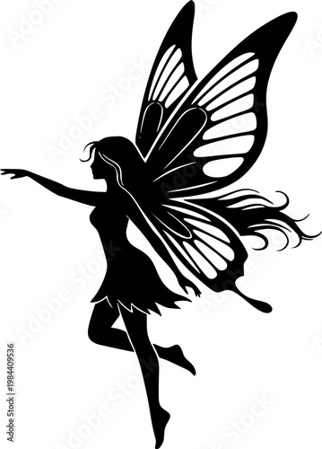 Elegant fairy silhouette with detailed butterfly wings and long hair reaching out in flight, black vector art logo design, isolated on white background See Less
