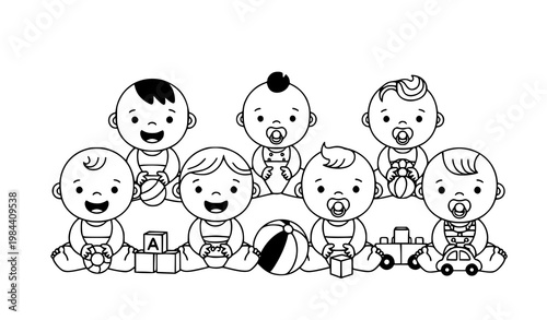 A black and white illustration of seven happy babies playing with toys
