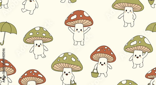 Whimsical seamless pattern of adorable mushroom characters with faces and umbrellas on a light background for forest and nature themes.