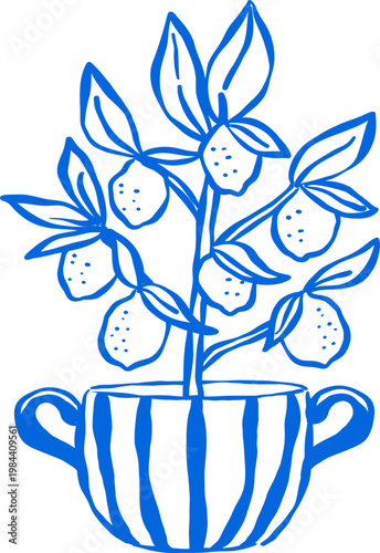 Fényképezés Outline Hand drawn Preppy Lemon Tree in a Stripes Blue Pot Whimsical illustratio