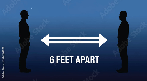 Social distancing concept vector illustration. Two male silhouettes standing 6 feet apart with a double-sided arrow, representing health safety, pandemic guidelines, and physical distancing.