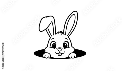 A cute cartoon rabbit peeking out from a hole in the ground