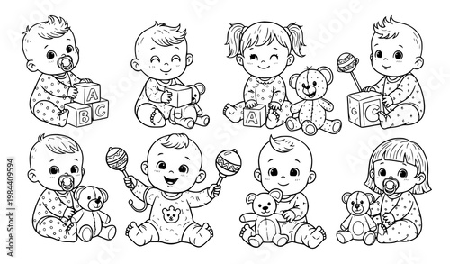 A set of cute baby illustrations with toys and teddy bears in a minimalist line art style