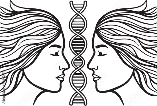 DNA Helix and Twin Women Profiles Line Art Illustration
