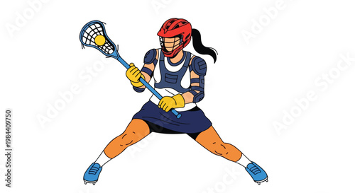 Female hockey player in protective gear and helmet preparing to hit the puck on ice rink during game