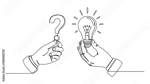 Hands holding question mark and light bulb. Continuous line style. Hand drawn. Line art. Vector design. illustration