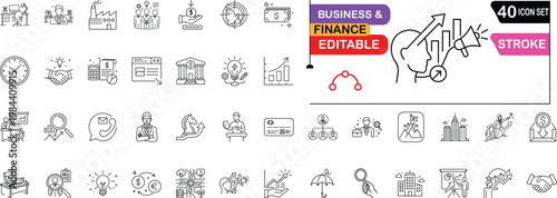 Business and Finance Icon Set, Editable Line Icons for Corporate Management, Banking, Marketing Strategy, Financial Growth, Human Resources, and Investment Analysis Vector Illustration.