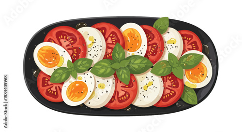 Colorful fresh vegetable and boiled egg salad arranged on a black oval plate for healthy eating