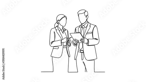Business people discussing a document. Continuous line style. Hand drawn. Line art. Vector design. illustration