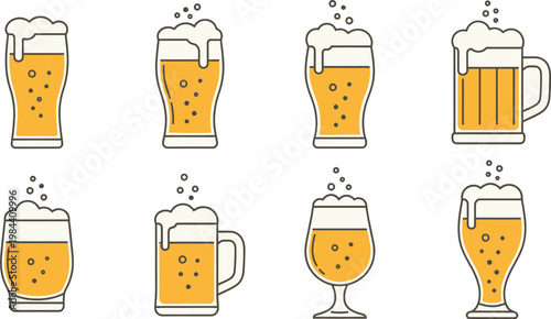 Various Beer Glasses Filled with Golden Liquid and Frothy Foam Keywords: beer, glass, mug, drink, beverage, alcohol, foam, froth, bubbles, liquid