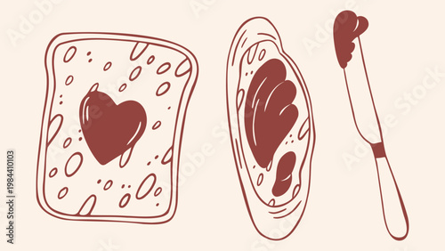 Set of bread toasts with chocolate or jam heart with kitchen knife, brown outline doodle flat retro style. Minimalist hand drawn vector for breakfast cafe menu design, isolated on beige background.