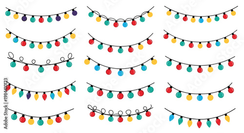 Large collection of festive colorful Christmas light strings in various arrangements for holiday decoration backgrounds and cards.