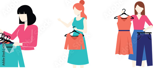 Set of Female Character Illustrations Shopping for Clothes, Holding and Choosing Dresses for Fashion, Retail, and E-commerce Designs