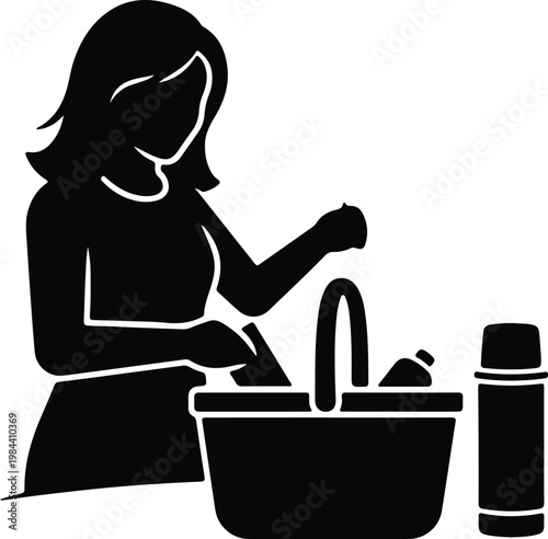 Silhouette woman preparing food for a picnic holiday with a basket and thermos bottle vector design