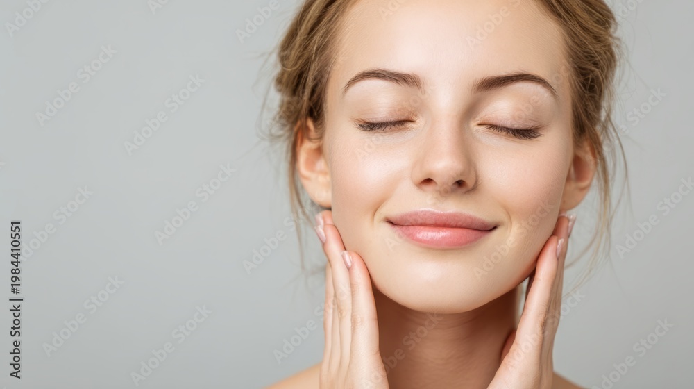 Naklejka premium Woman touching her face with eyes closed. Portrait of a happy lady with natural skin care and beauty. Concept of spa, wellness, health, freshness, morning routine and self care skincare.