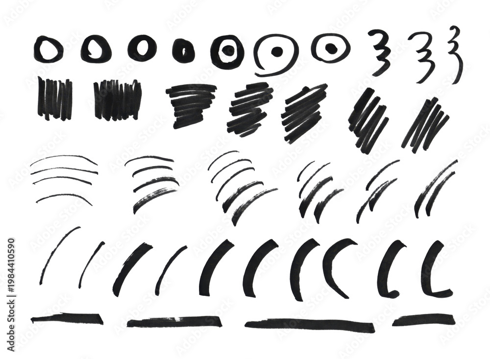 Fototapeta premium Hand-drawn sketch mark collection featuring circles, strokes, curves and brackets. Black brush stroke symbols for graphic design overlays and decorative elements 