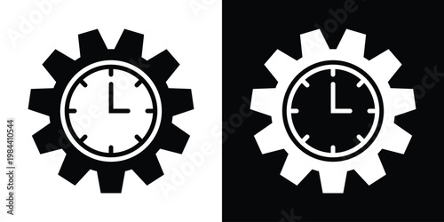 Technical icons showing a clock integrated within a gear cog. Symbolizes time management, process optimization, workflow efficiency, and productivity.