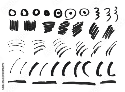 Hand-drawn sketch mark collection featuring circles, strokes, curves and brackets. Black brush stroke symbols for graphic design overlays and decorative elements

