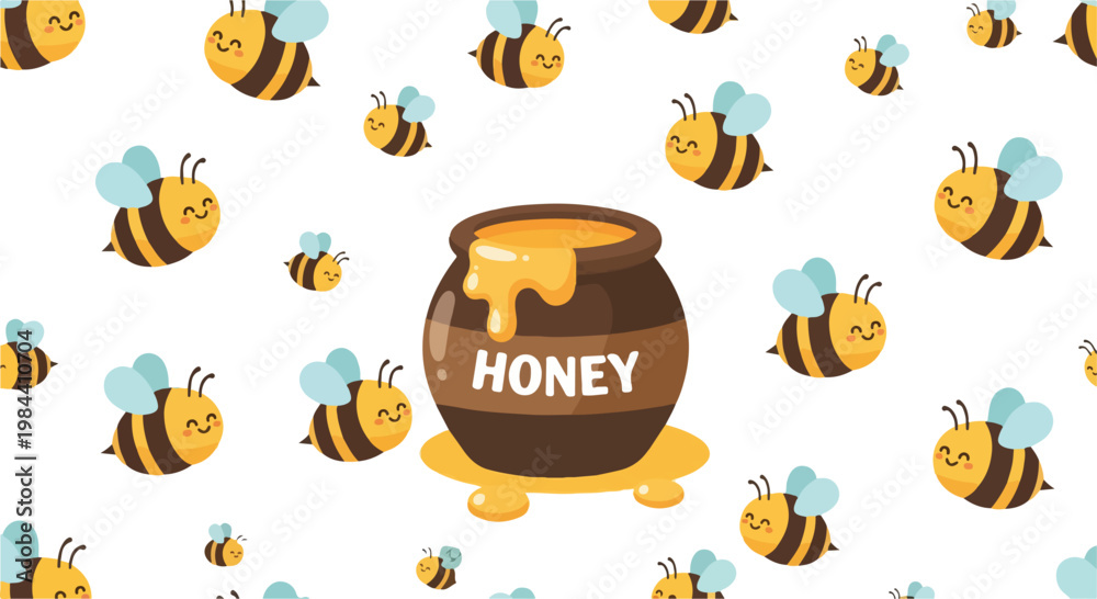 Fototapeta premium Illustration of a honey pot surrounded by cartoon bees on a white background with a playful and colorful design.