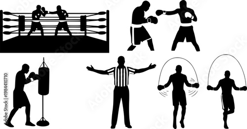 Flat vector silhouettes of boxers sparring, training, jumping rope, a referee, and athletes in a professional boxing, isolated on white background
