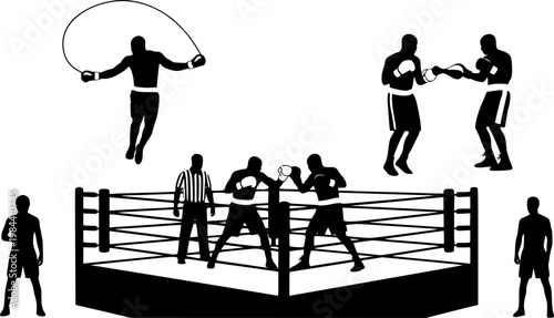 Flat vector silhouettes of boxers sparring, training, jumping rope, a referee, and athletes in a professional boxing, isolated on white background
