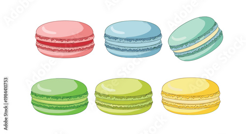 Delicious collection of six colorful French macaron cookies in pink, blue, teal, green, lime, and yellow flavors for dessert themes.