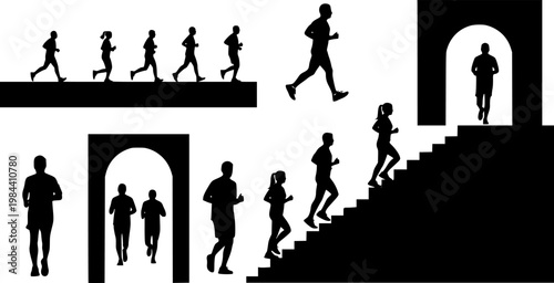 Flat vector silhouettes showing diverse runners jogging, ascending and descending stairs, and moving through archways., isolated on white background
