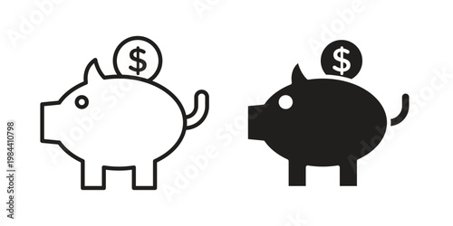 Piggy bank icon outline and solid set. Graphic icons