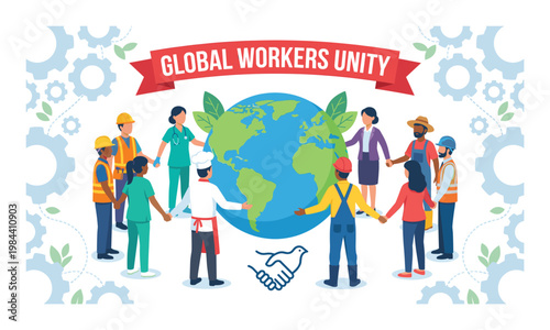 Global workers unity and international labor day concept with diverse professional people holding hands around the world globe for social cooperation.