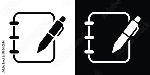 Minimalist vector icons of a blank spiral notepad and a pencil. Represents a fresh start, creative sketching, empty to-do lists, and planning.