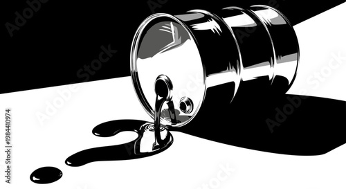 Oil barrel spilling black liquid forming a question mark shape. Design for environmental awareness posters, energy crisis articles, or economic blogs. Vector illustration. Transparent SVG version.