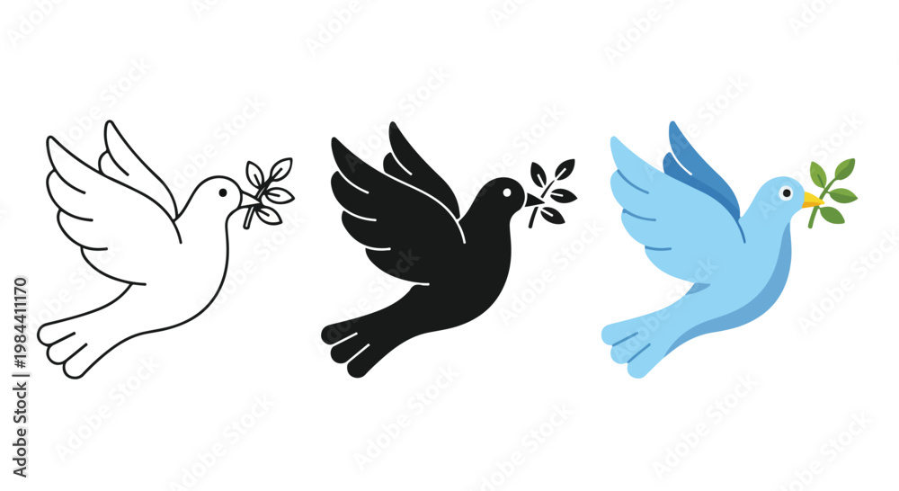 Obraz premium Set of three colorful dove illustrations in white black and blue with olive branches symbolizing peace and harmony