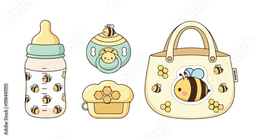 Collection of baby items with bee designs on a white background including a bottle, pacifier clip, purse and honey pot.