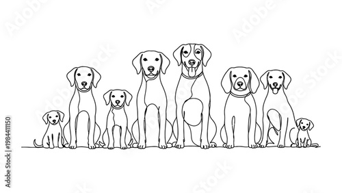 A group of dogs standing together. Continuous line style. Hand drawn. Line art. Vector design. illustration