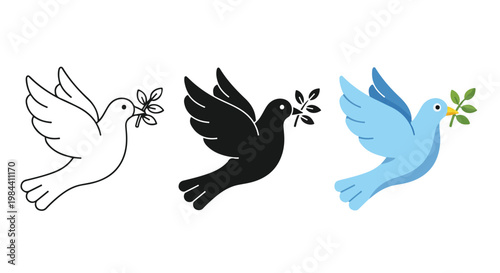 Set of three colorful dove illustrations in white black and blue with olive branches symbolizing peace and harmony